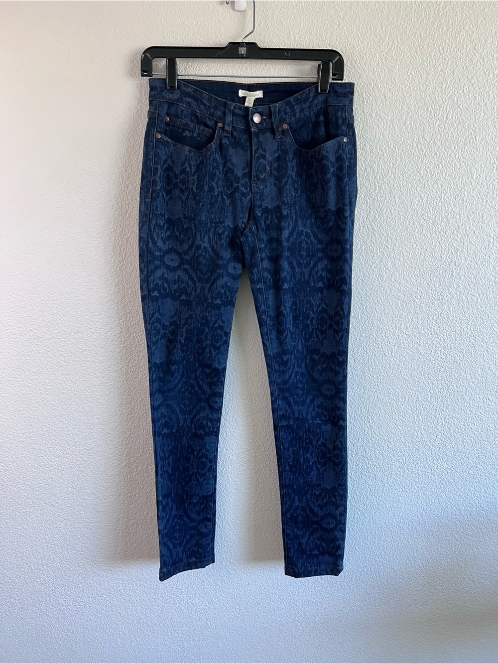 Eileen Fisher Ikat Skinny Jeans Size 4 Dark Wash Batik Damask Stretch Denim